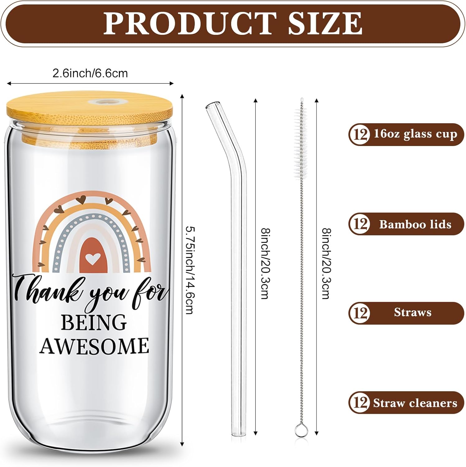 Juego de 12 vasos de vidrio de agradecimiento para empleados, regalos de agradecimiento para compañeros de trabajo, vasos de vidrio de 16 onzas con