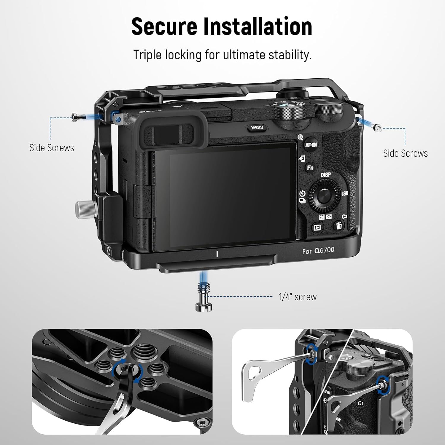 NEEWER A6700 – Jaula para cámara compatible con Sony Alpha 6700, soporte de video de aluminio con abrazadera de cable HDMI, rieles OTAN, zapata fría