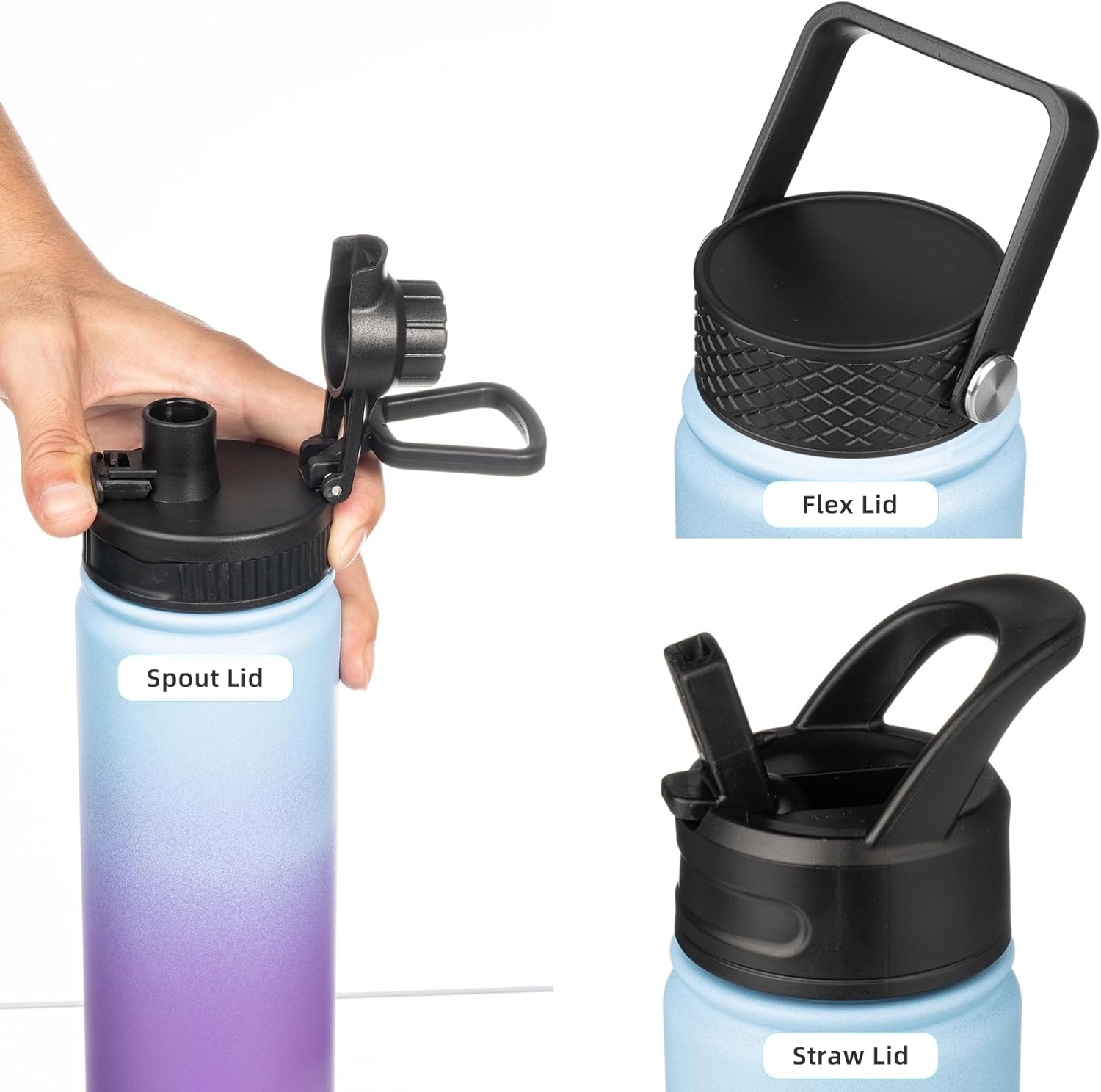 Botella de agua aislada con pajilla, termo de acero inoxidable de 22 onzas, vaso térmico de doble pared con 3 tapas a prueba de fugas, botella de