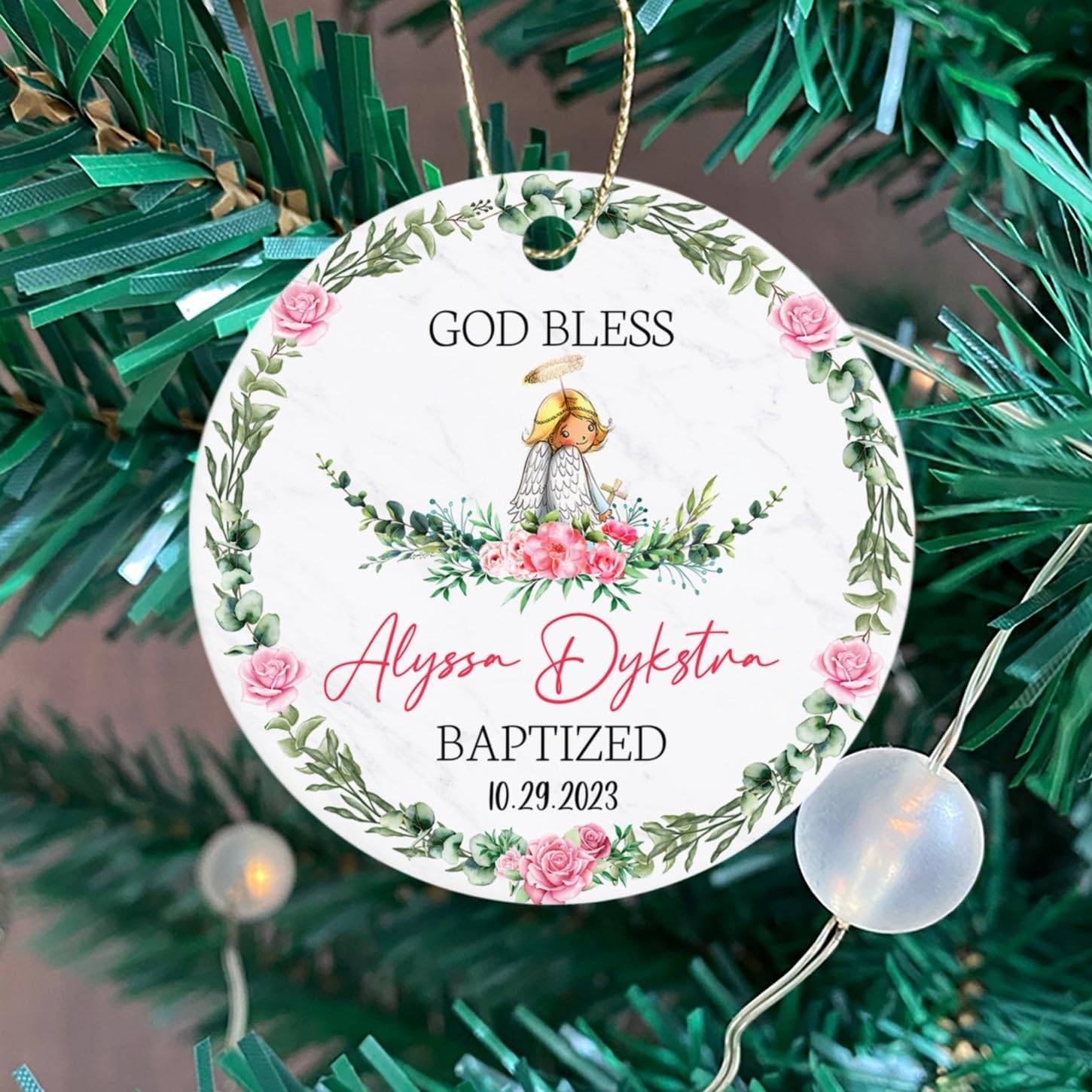 Adorno de Navidad personalizado con texto en inglés “God Bless Bautized” 2023, adornos de bautismo católico, regalos para recién nacido, adorno de
