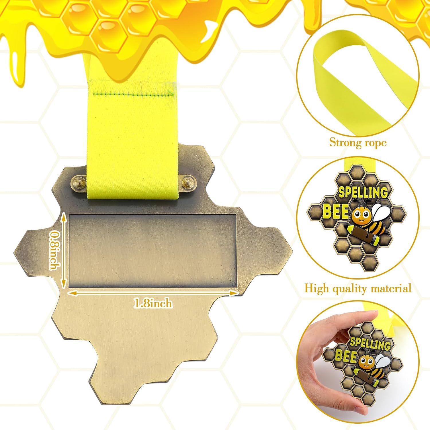 Zonon 12 medallas de panal de abeja de ortografía a granel con cinta para el cuello, medallas de premio de abeja, de 3.23 x 3.15 pulgadas, trofeo de
