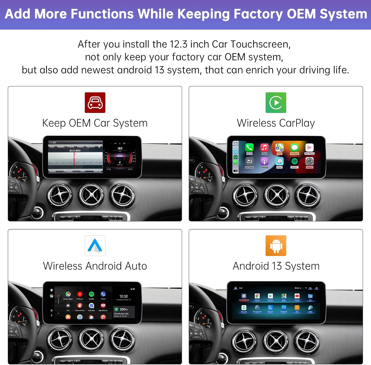 Road Top Android 13 – Radio de coche con pantalla táctil de 12.3 pulgadas, estéreo de coche para Mercedes Benz CLA GLA Clase C117 X117 X156