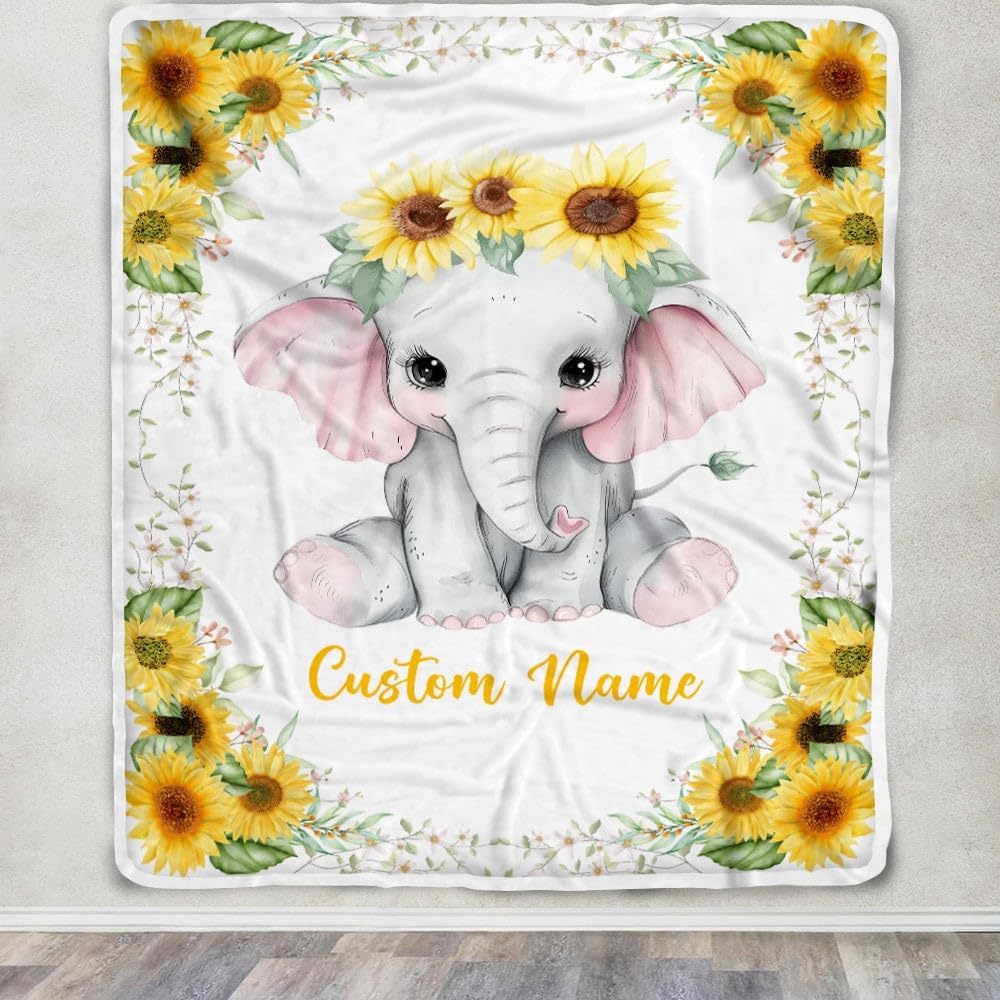 Manta de bebé personalizada con nombre, diseño de elefante, girasol, recién nacido, niña, niños, hija, nieta, sobrina, cumpleaños, Navidad, manta de