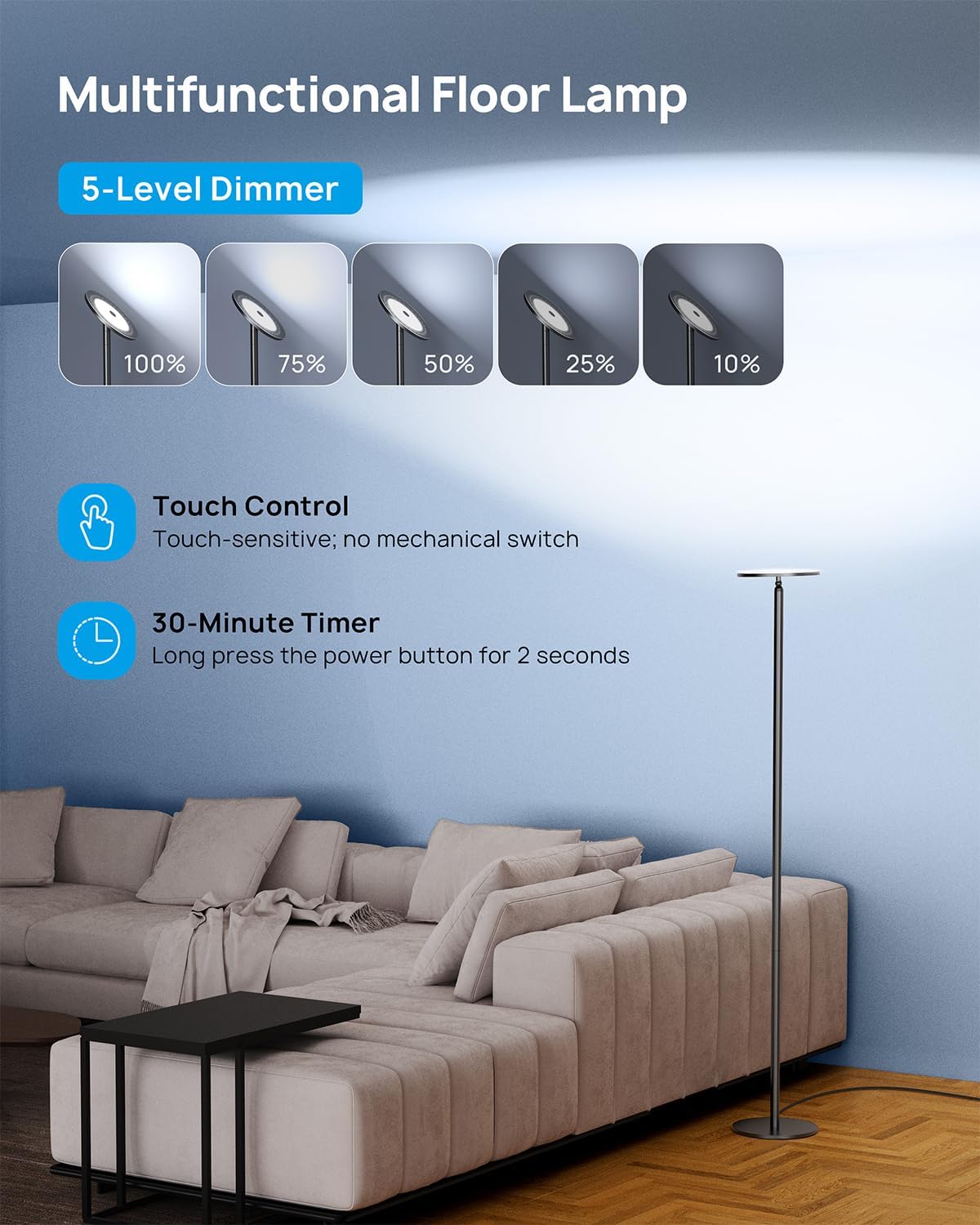 Lámpara LED de piso TROND tipo antorcha, atenuable (30 W, 5500 K luz natural, 4200 lúmenes máx., 71 pulgadas, temporizador de 30 minutos,