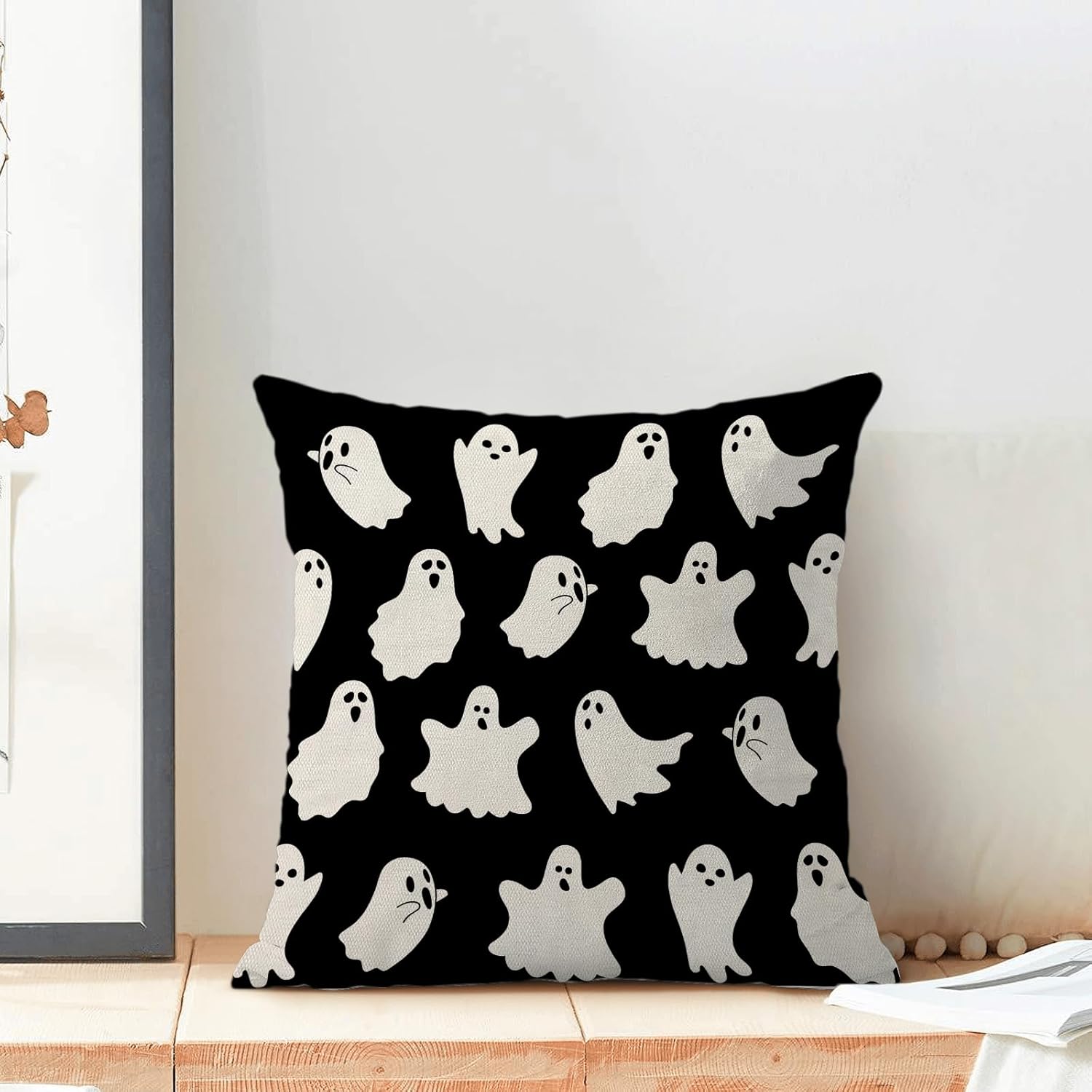 Juego de 2 fundas de almohada de Halloween de 20 x 20 pulgadas, lindo fantasma, para exteriores, de lino, granja, vintage, decoración de Halloween,