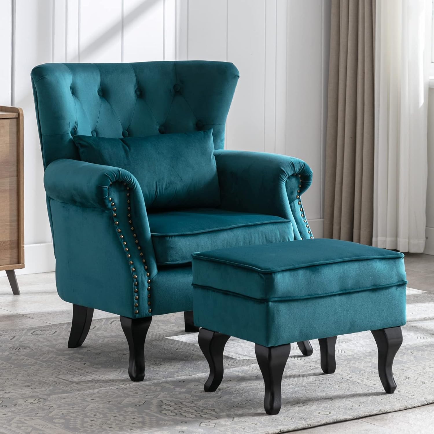 Silla decorativa moderna de mediados de siglo, sillón tapizado, cómodo sofá individual de terciopelo con respaldo copetudo con otomana para
