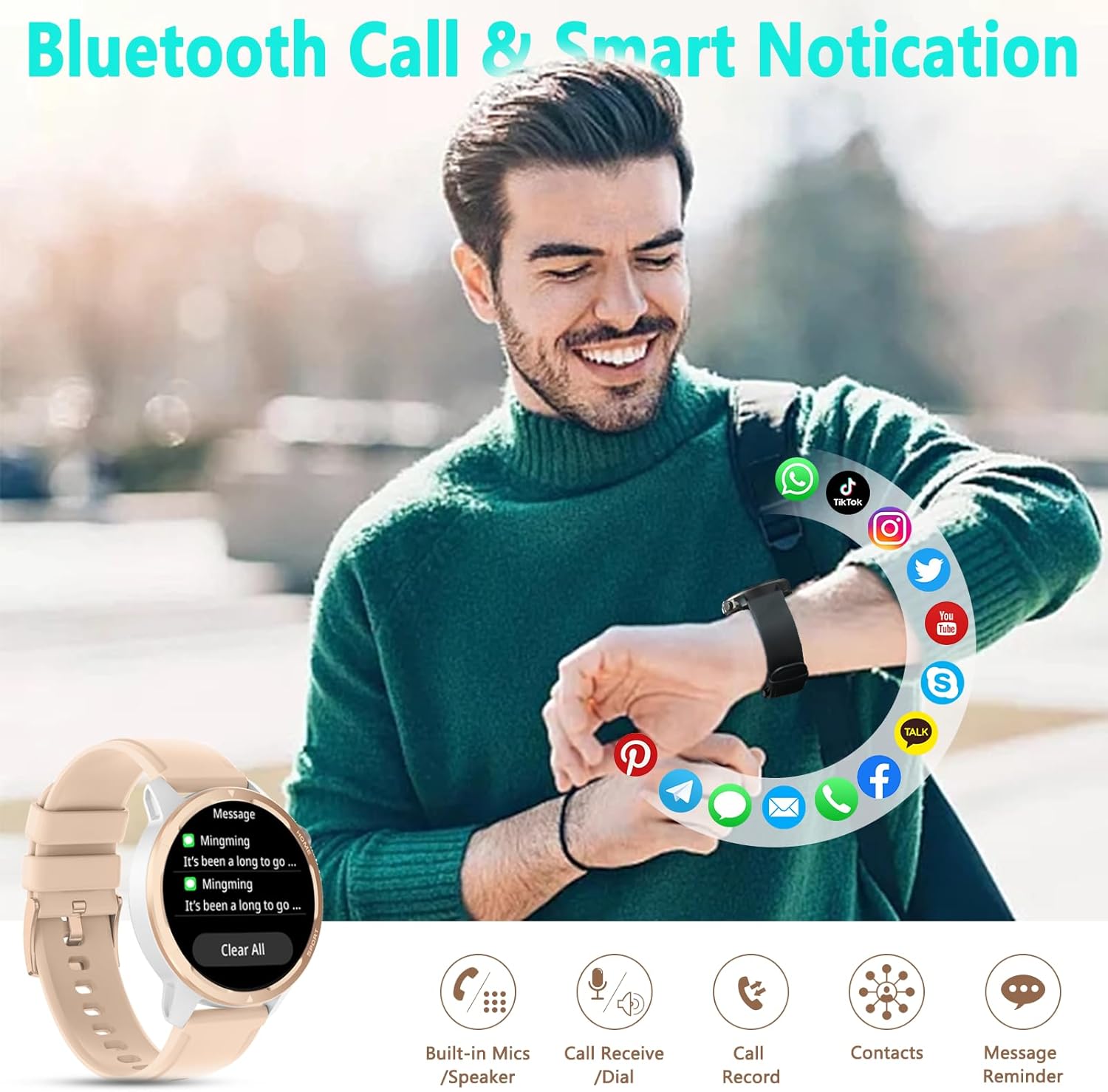 Wwzzey Reloj inteligente para mujer (hacer llamadas y responder llamadas), IP68 resistente al agua con podómetro, notificación de mensajes,