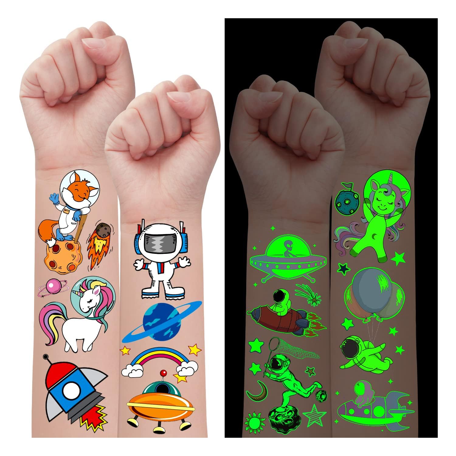 Suministros de recuerdos de fiesta de cumpleaños con temática espacial, 240 tatuajes temporales para niños, 2 tipos de decoración de planeta