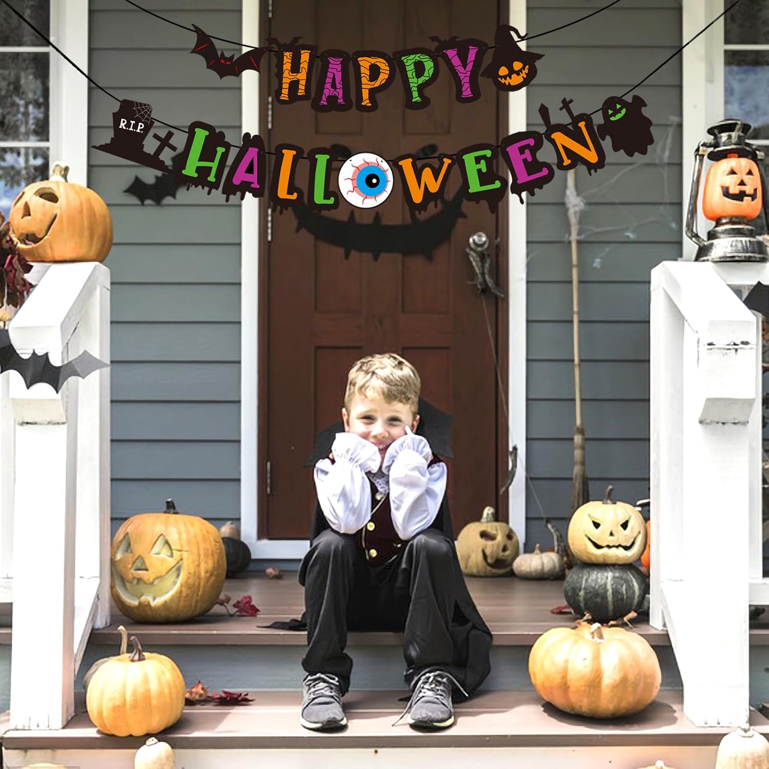Cartel de Feliz Halloween para fiesta de cumpleaños, decoración de fiesta temática con murciélago y calabaza, casas embrujadas, puerta, hogar,