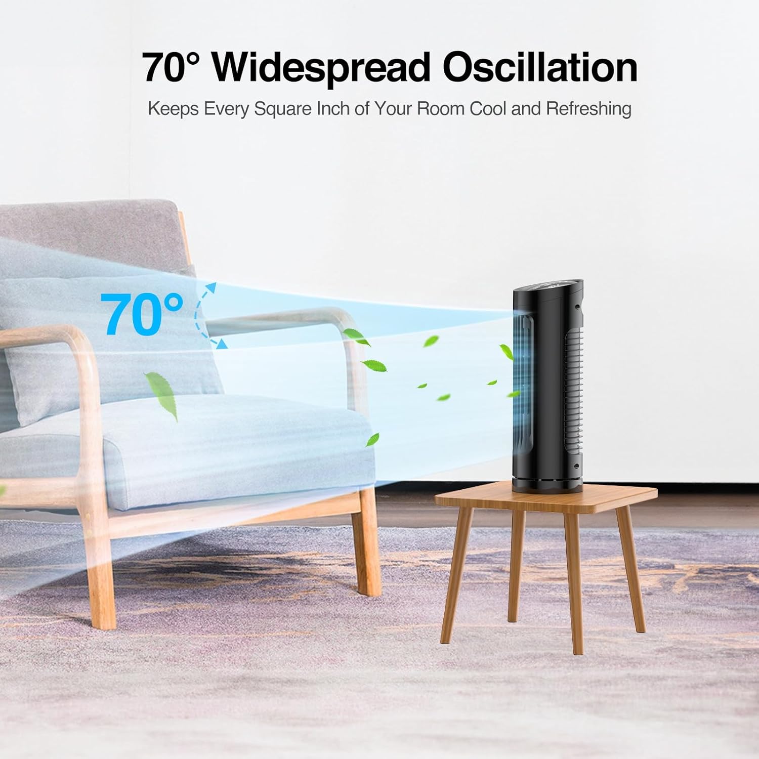 VCK Ventilador de torre de 13 pulgadas, ventilador de escritorio de oscilación de 70 con 3 velocidades, 3 modos de viento, diseño seguro sin aspas,