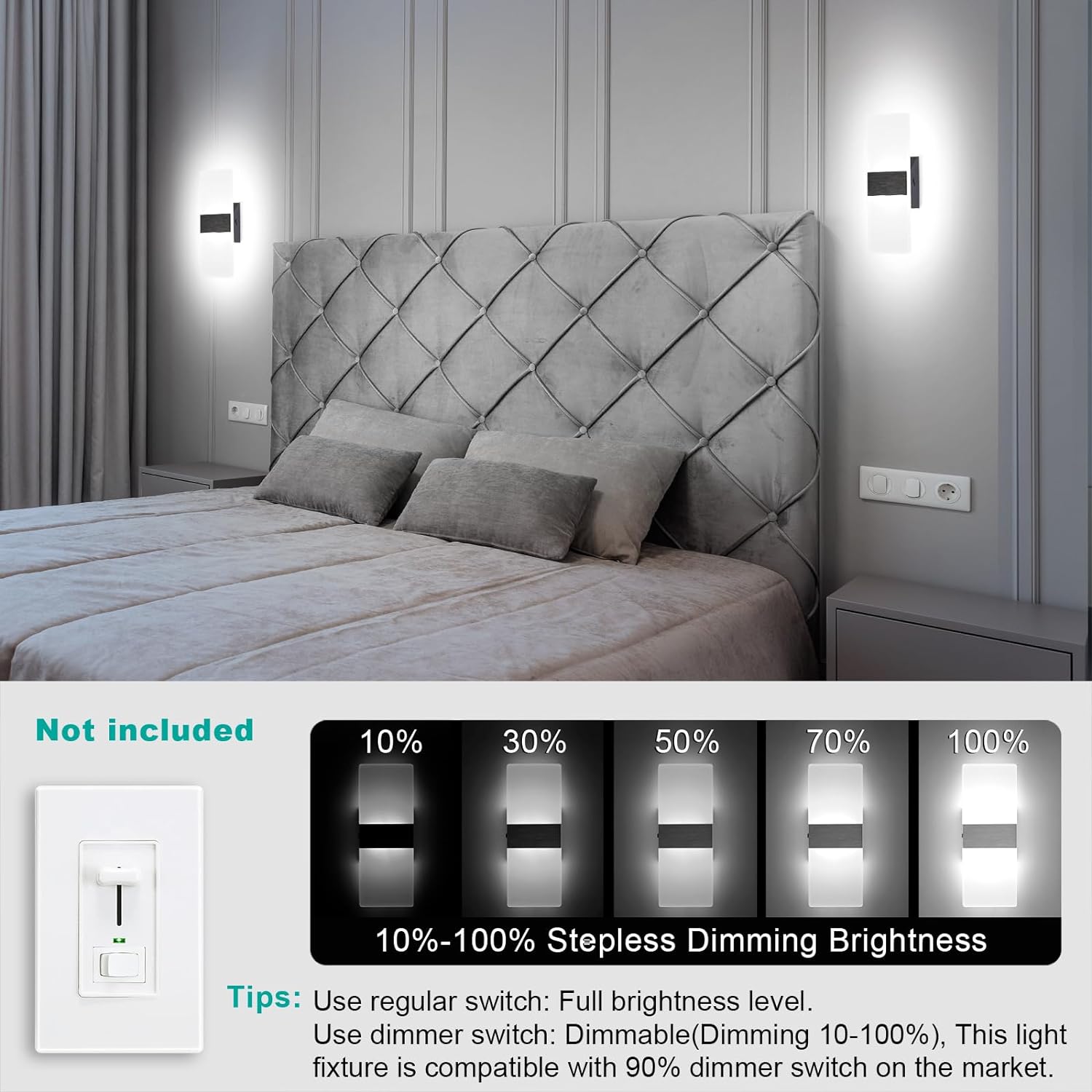 TRLIFE Apliques de pared LED regulables, apliques de pared modernos de 4 colores de temperatura de 12 W, juego de 2 luces de pared regulables para