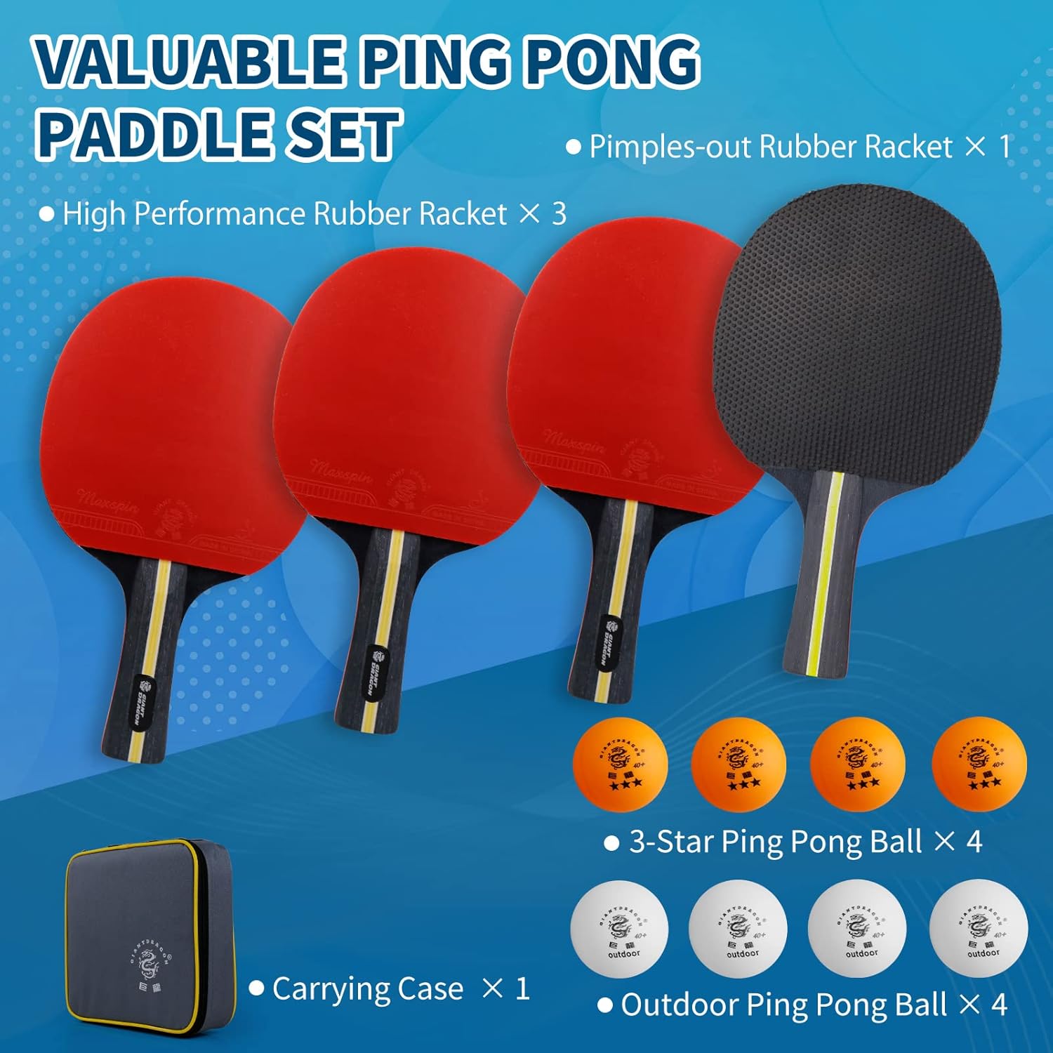 Juego de 4 palas de ping pong, palas de tenis de mesa de 5 capas con 8 pelotas y estuche de transporte, raquetas de goma de esponja suave y pelotas