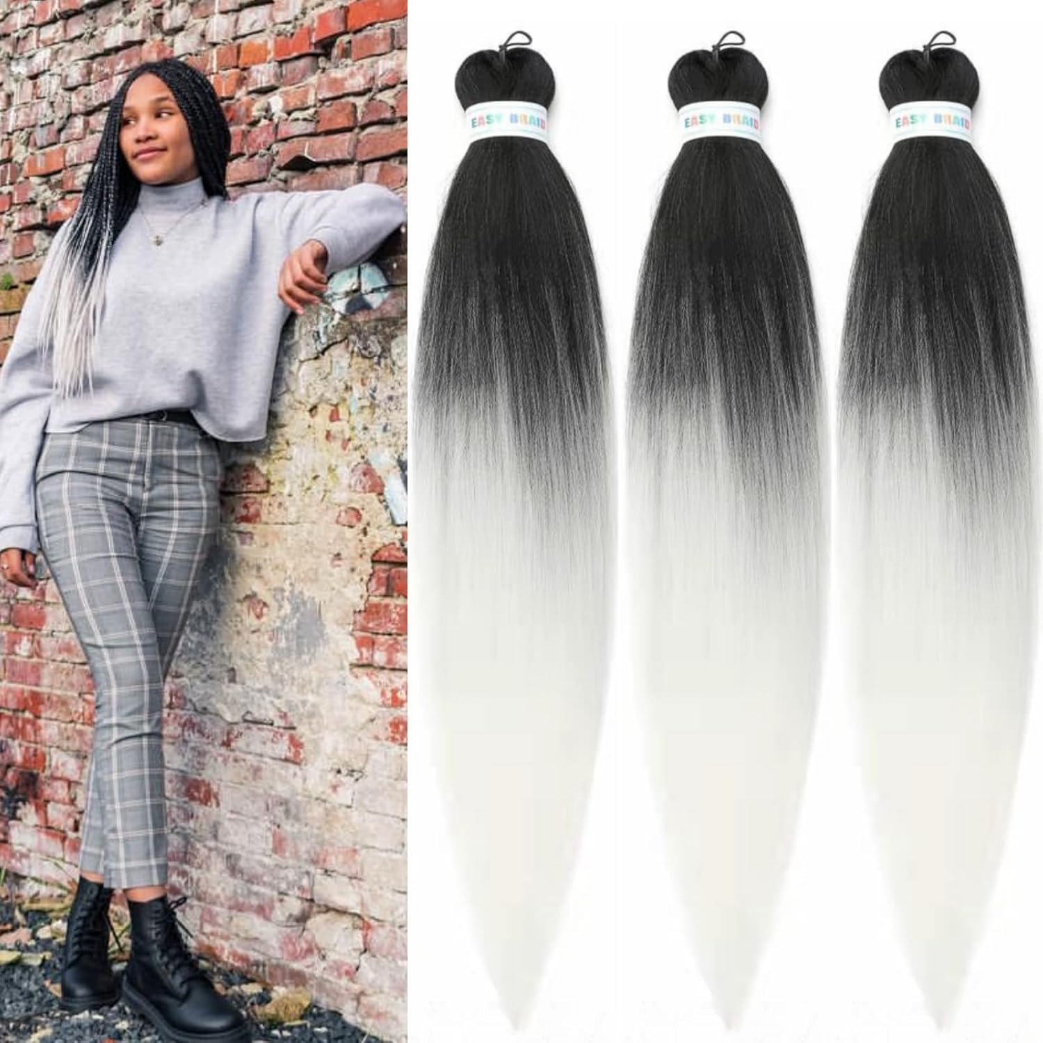 Cabello estirado de fibra Kanekalon para trenzar con cabello humano, color blanco degradado
