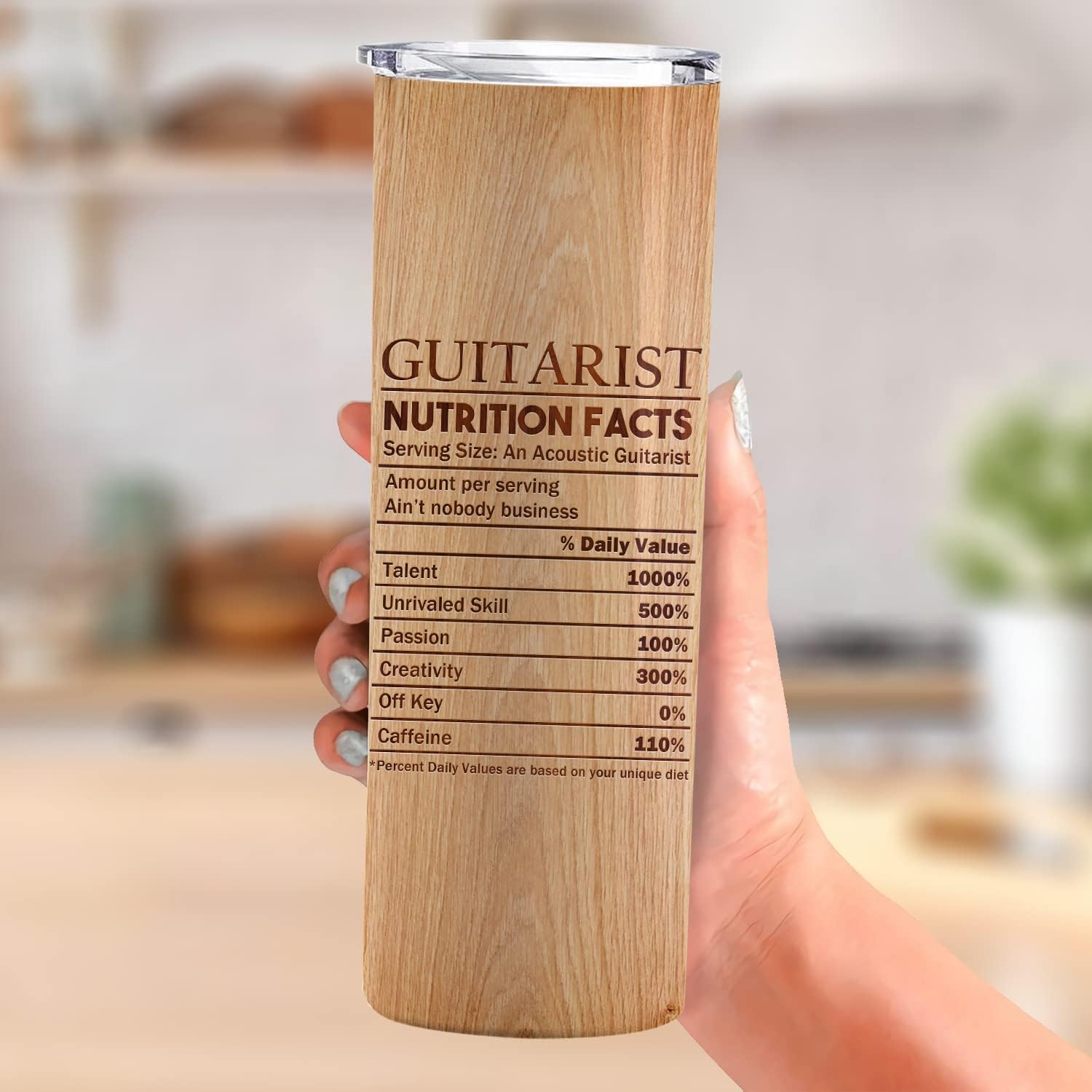 Vaso de guitarra personalizado con información nutricional para guitarristas, regalos personalizados, regalos para guitarristas, hombres, niñas,