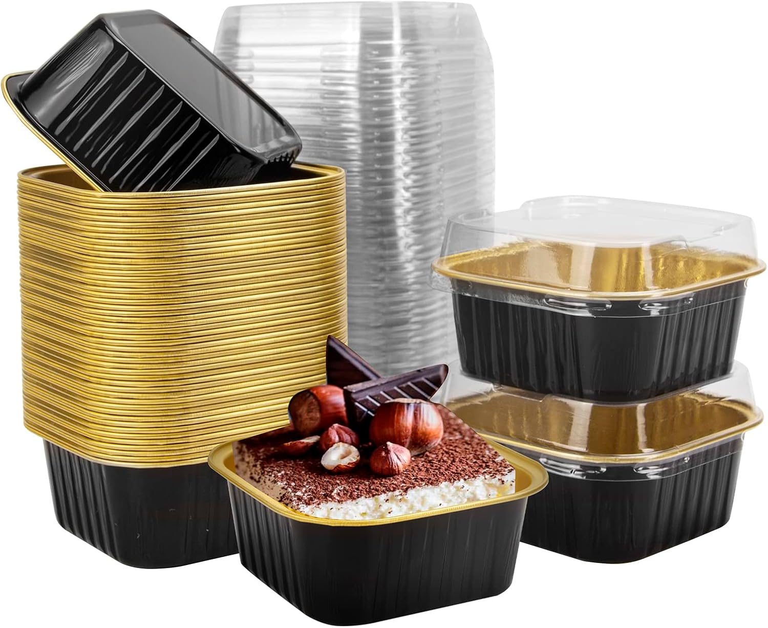 50 piezas de mini tazas cuadradas para hornear con tapas, mini moldes de papel de aluminio de 5 onzas con tapas, moldes desechables para tartas,
