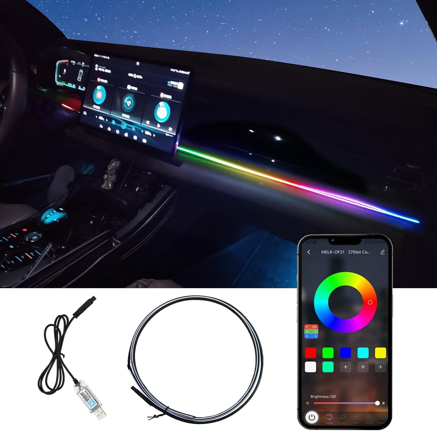 Luces LED de coche interior Dreamcolor RGB iluminación ambiental USB LED tira de luces para coches APP sincronización de música inalámbrica ritmo