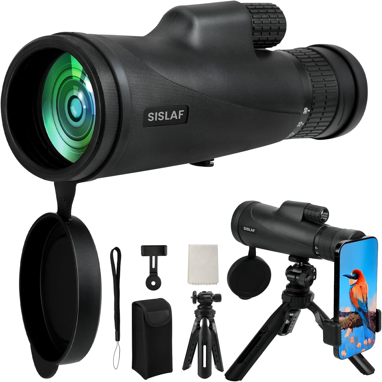 Telescopio monocular de 10-30×50 con adaptador para teléfono inteligente, telescopio de mano de alta potencia de baja visión nocturna, regalo de