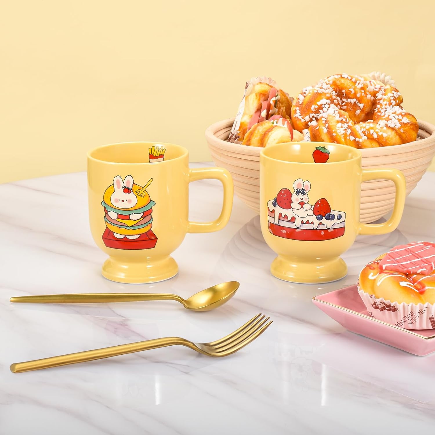 Taza de café de cerámica, tazas y tazas creativas con patrón de conejo y pastel, forma única de taza de 10 onzas para café con leche, capuchino,