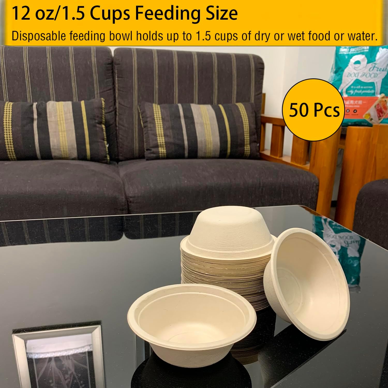 JETKONG Cuencos desechables para perros de 12 oz1.5 tazas, 50 unidades, 100% compostables, cuencos de papel para perros, cuencos de viaje ideales