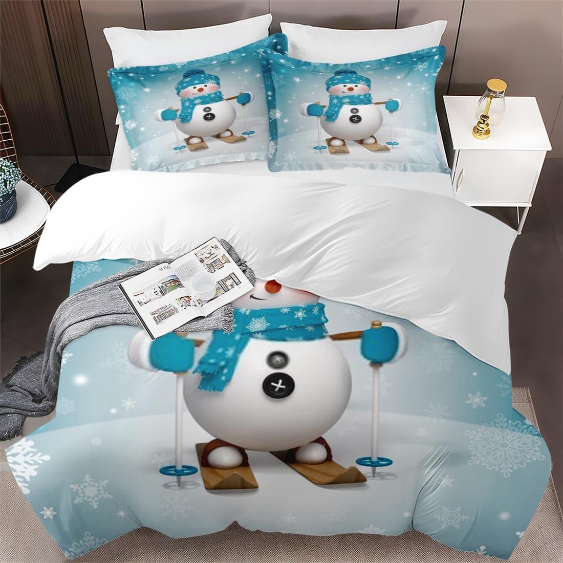 Juego de funda de edredón, muñeco de nieve de Navidad, juego de ropa de cama de invierno para niños y adultos, decoración de dormitorio de nieve,