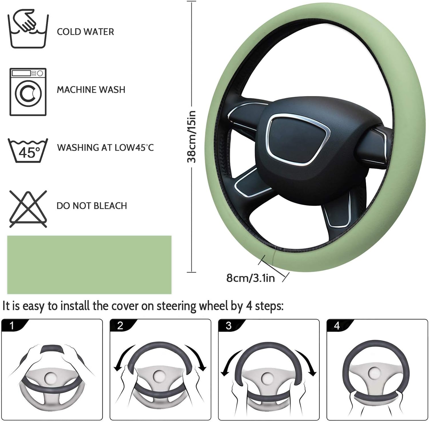 Funda protectora para volante de automóvil, color verde claro, elástica, esponja, elástica, para vehículos, camiones, SUV, accesorios automotrices
