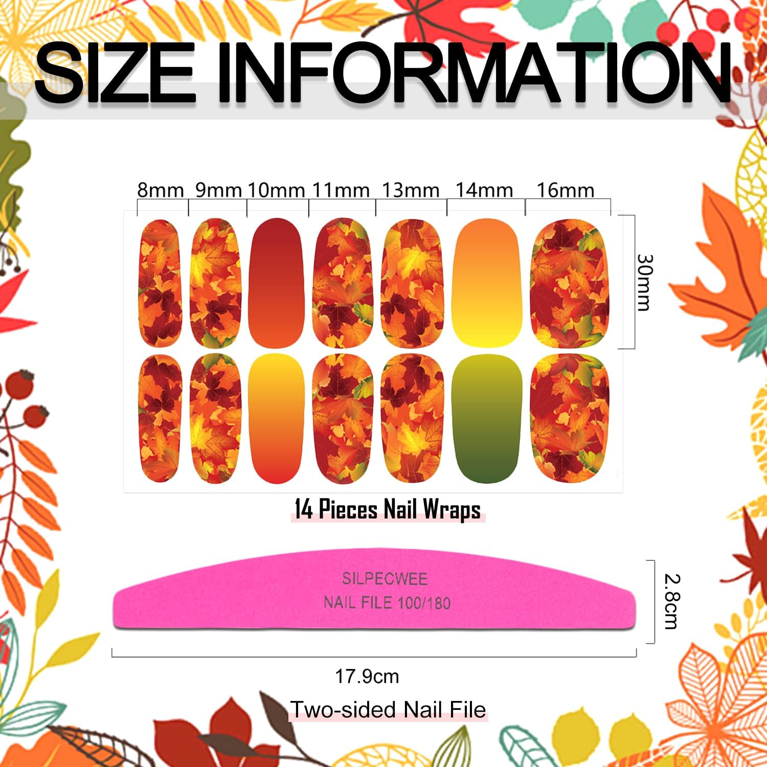SILPECWEE 20 hojas de tiras de uñas de otoño para mujeres, calcomanías de esmalte de uñas de color sólido, tiras de esmalte de uñas autoadhesivas,