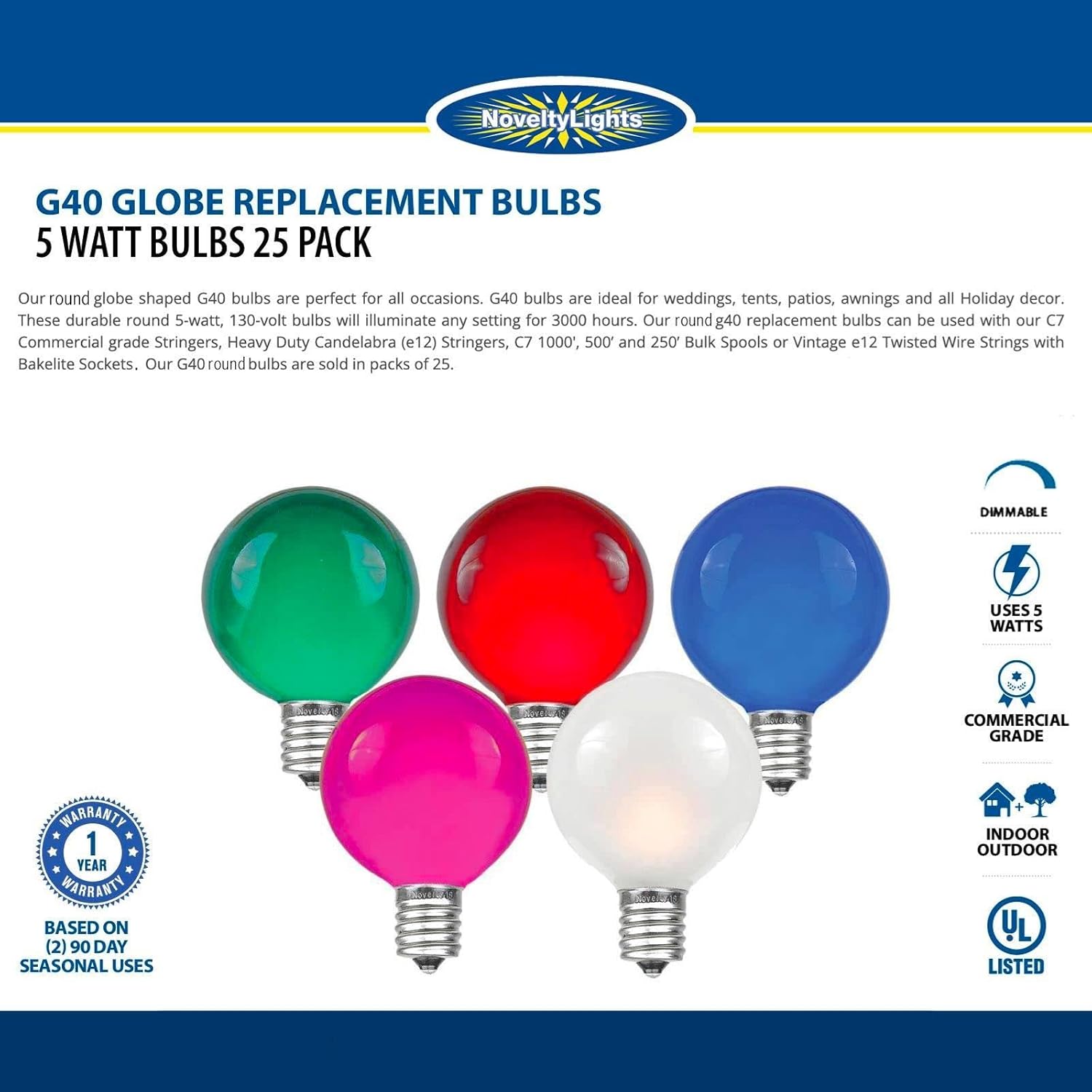 Novelty Lights focos globo de repuesto para luz en cadena, para exteriores, transparente, paquete de 25 G40, base de candelabro C7E12, 5 vatios,