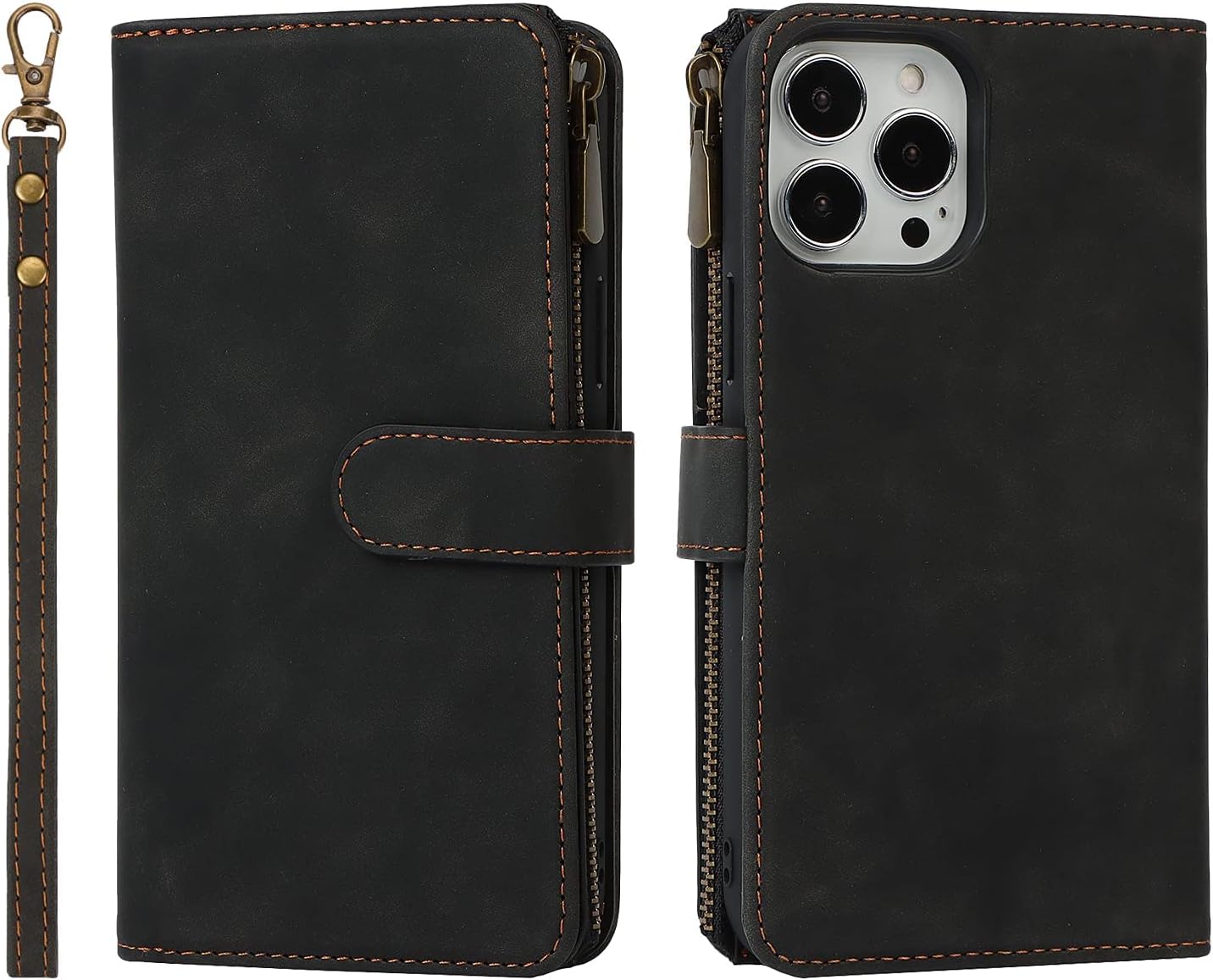 iCoverCase Funda tipo cartera para iPhone 13 Pro con tarjetero y correa para la muñeca, de piel sintética, ranuras para tarjetas, bolsillo con