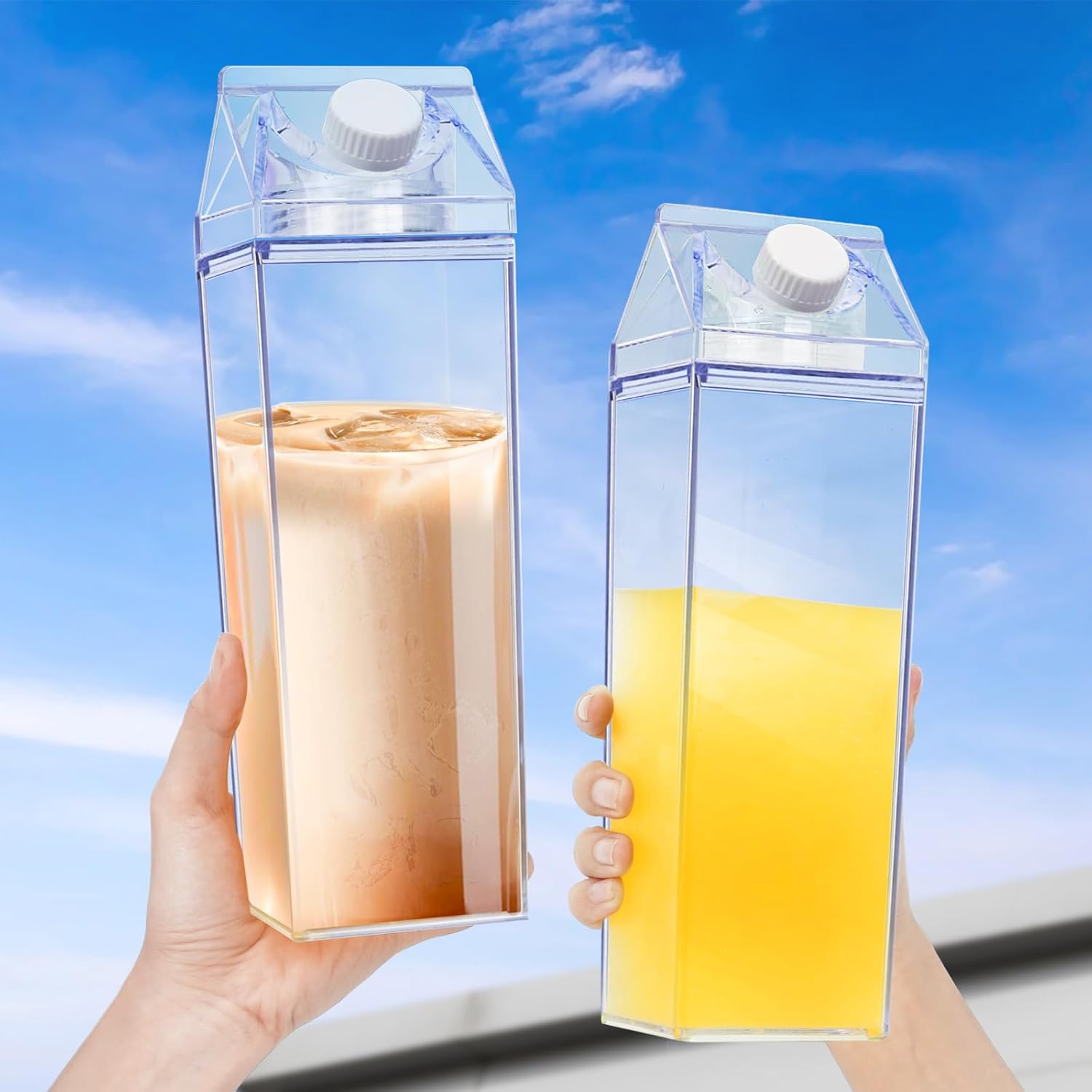 KALYLOC 8 botellas de agua de cartón de leche, botellas de leche cuadradas de plástico transparente de 34 onzas, contenedor de agua portátil