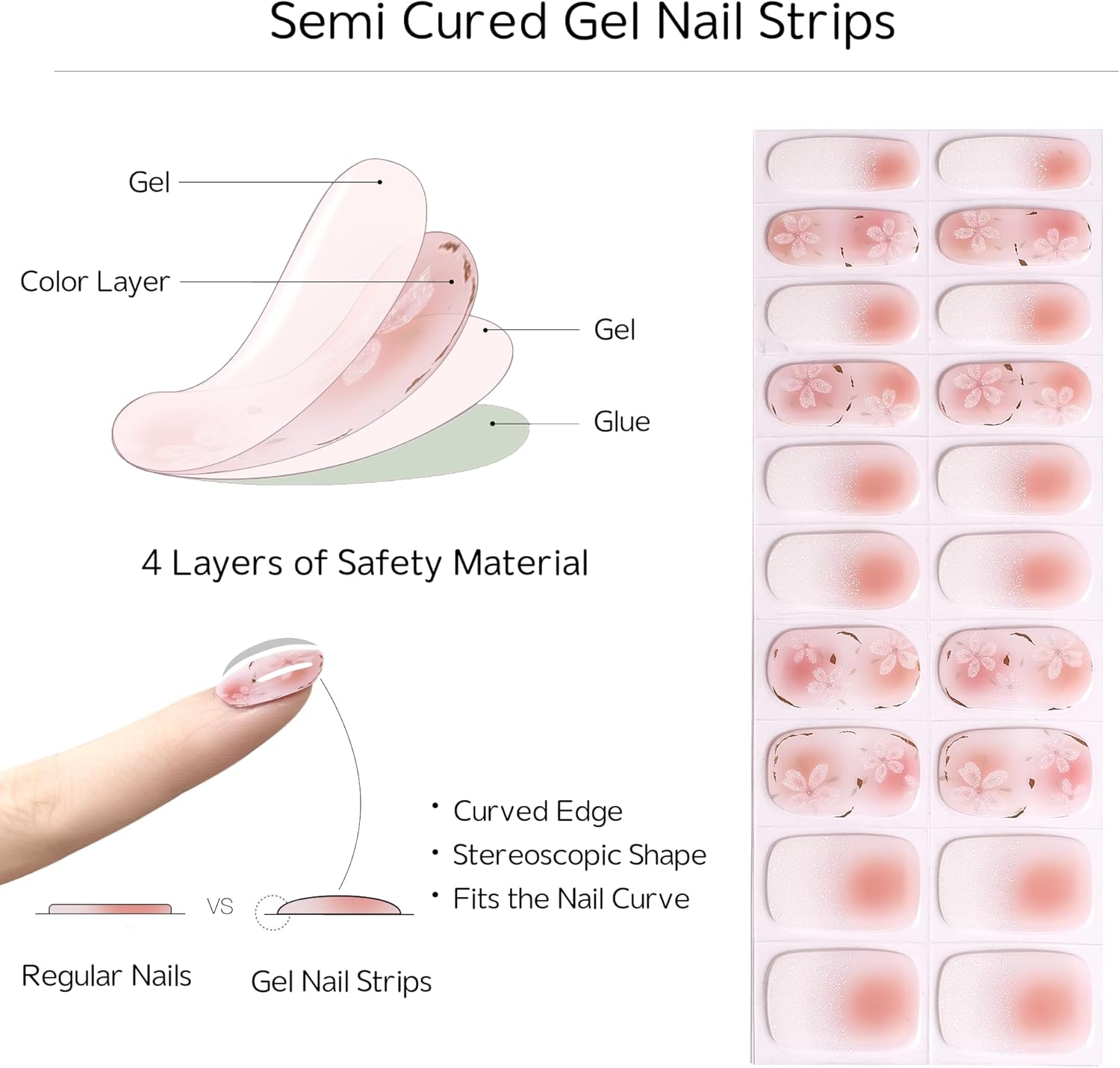 Tiras de uñas de gel semicuradas, envolturas de uñas de gel fáciles de usar, 20 tiras de uñas de gel semicuradas de larga duración, obtén arte de