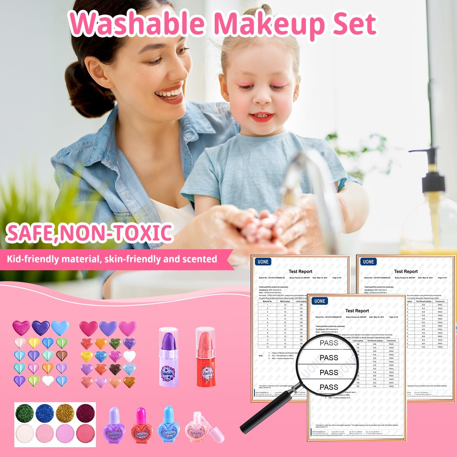 Kit de maquillaje infantil para niñas, juego de maquillaje de princesa lavable real, 66 piezas de juguetes de Mqsiuve para niñas, regalo de Navidad