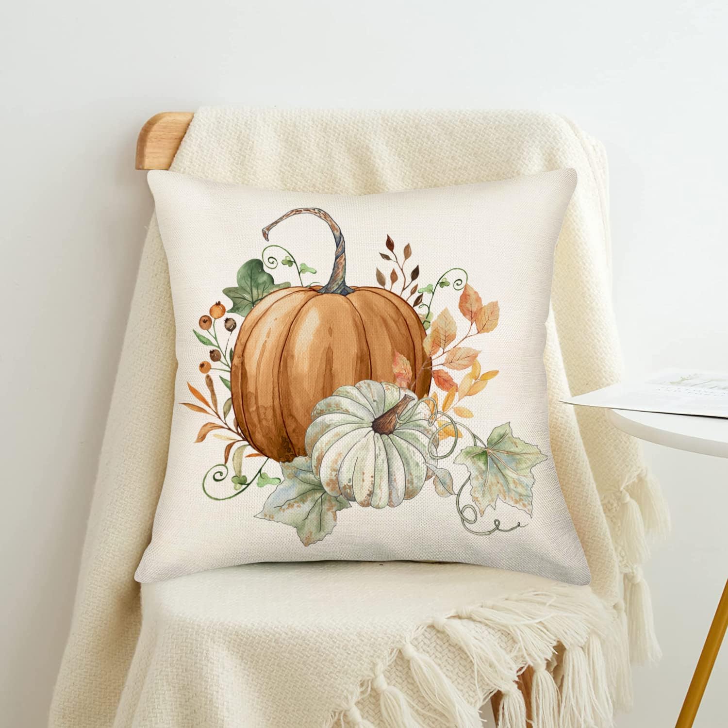 MEHOTOP Fundas de almohada de calabaza naranja de 24 x 24 pulgadas, fundas de almohada rústicas de granja, calabazas de acuarela, hojas de arce,