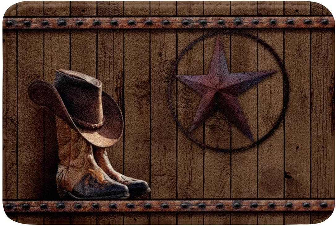 Western Decor – Alfombra de baño de poliéster para niños y niños, botas vaqueras, sombrero de forro polar suave, alfombra vintage marrón con