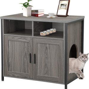 Muebles de caja de arena para gatos, banco de almacenamiento de arena oculto para gatos con estructura de madera resistente y puerta doble, Muebles de caja de arena para gatos, banco de almacenamiento de arena oculto para gatos con estructura de madera resistente y puerta doble,