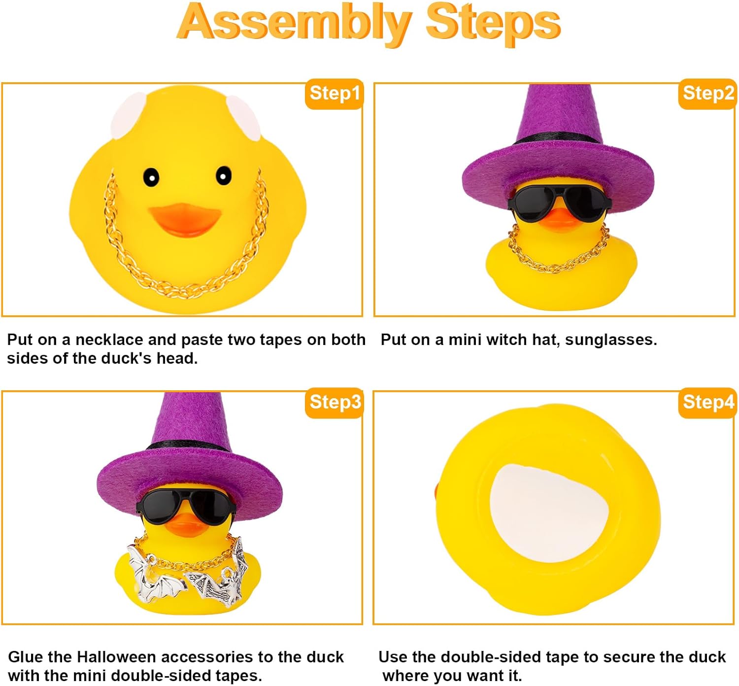 Adornos de pato de goma para automóvil, decoraciones de tablero de automóvil con sombrero de bruja pequeño, gafas de sol, collar, accesorios de
