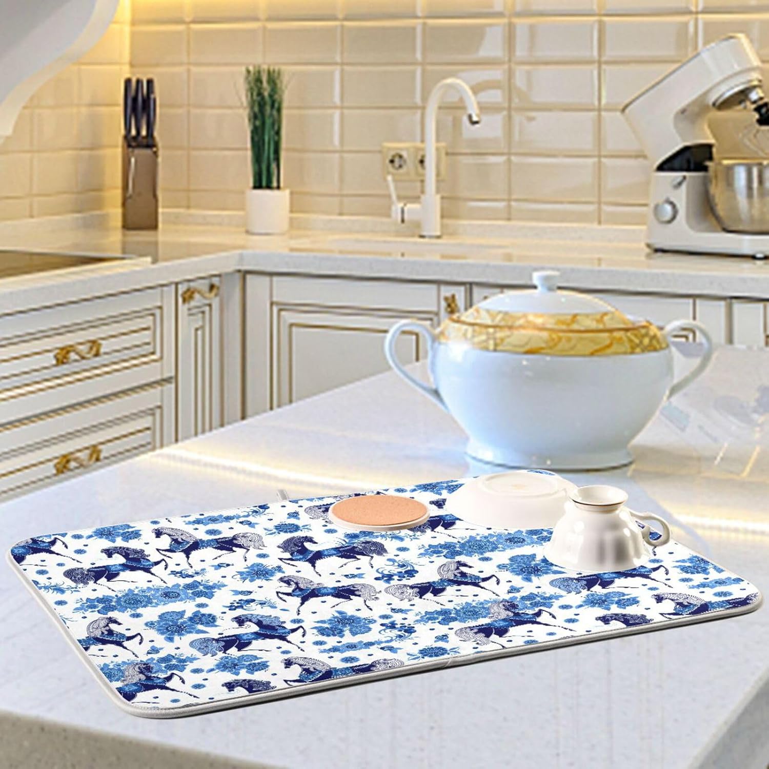 Stylized Blue Horse with Flowers Dish Drying Mat Washnable Absorbent Kitchen Counter Mat Countertop Protector Heat Resistant Tapete Para Cocina 16”