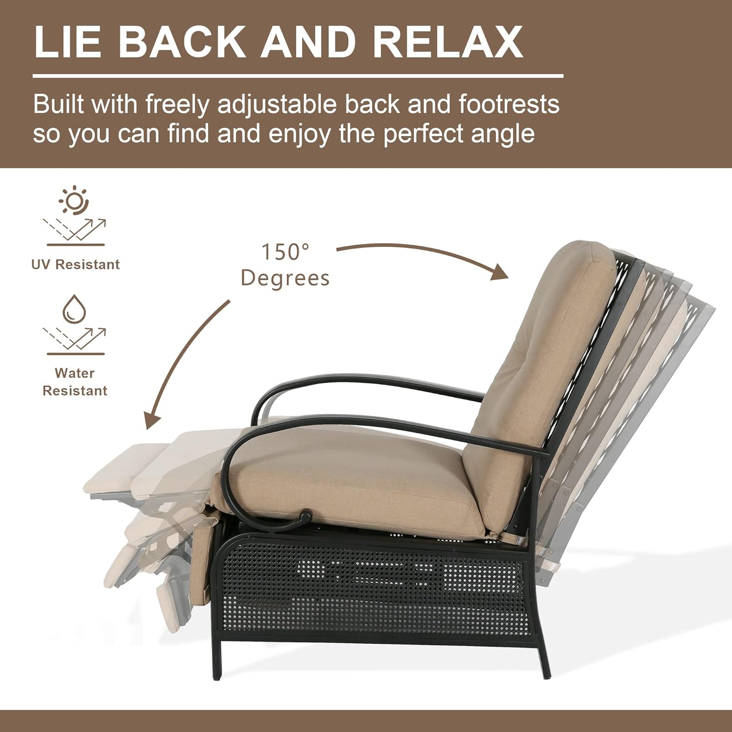 Sillón reclinable ajustable para exteriores, silla reclinable para patio con fuerte marco de metal extensible y cojines extraíbles para lectura o