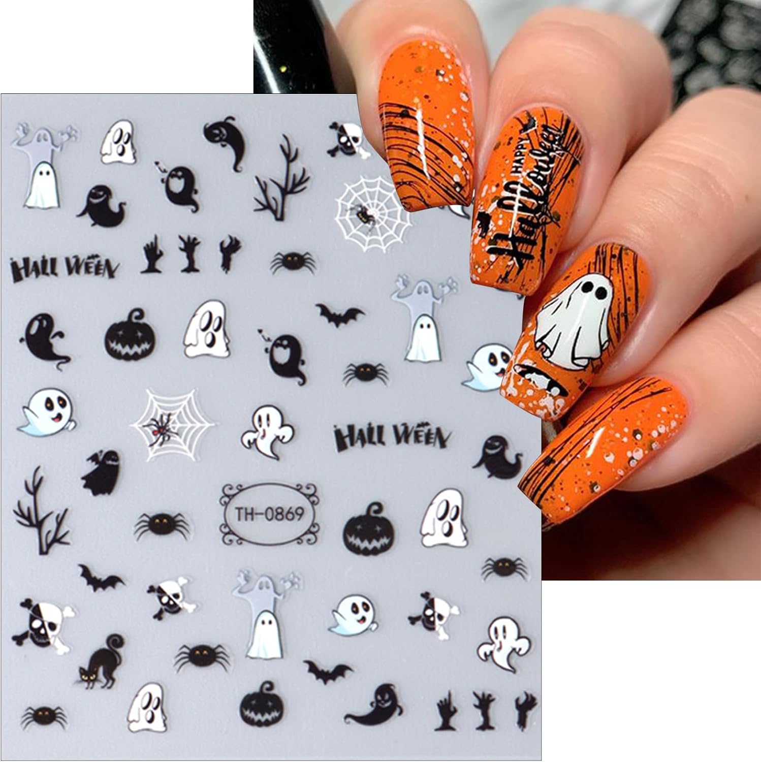 Calcomanías de uñas de Halloween para arte de uñas 3D, autoadhesivas en 3D, diseño de calavera negra, calabaza, araña, gato, murciélago, lindo