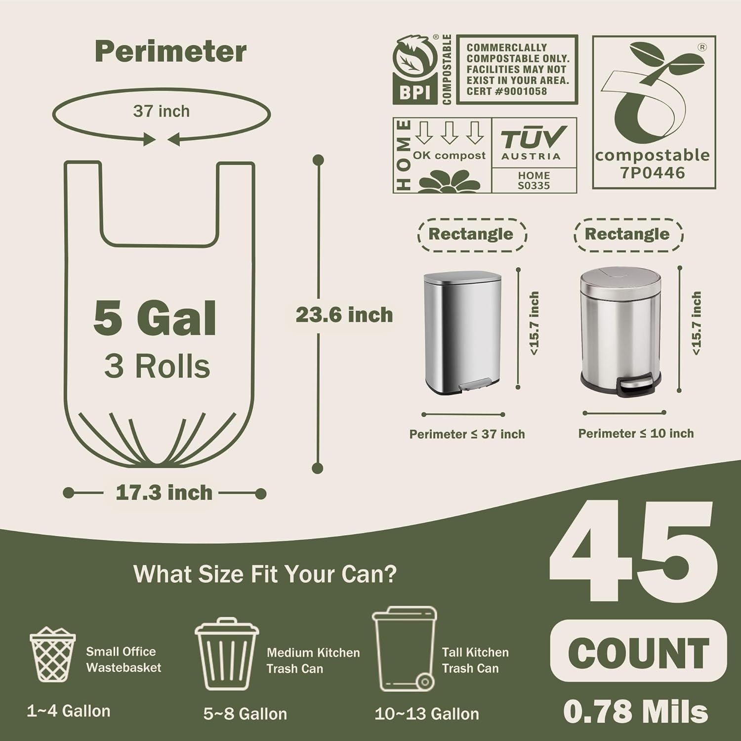 Bolsas de basura compostables de 5 galones con asas, bolsas de compost de 0.78 mils, bolsas de basura de raspado de alimentos para cocina y baño, US