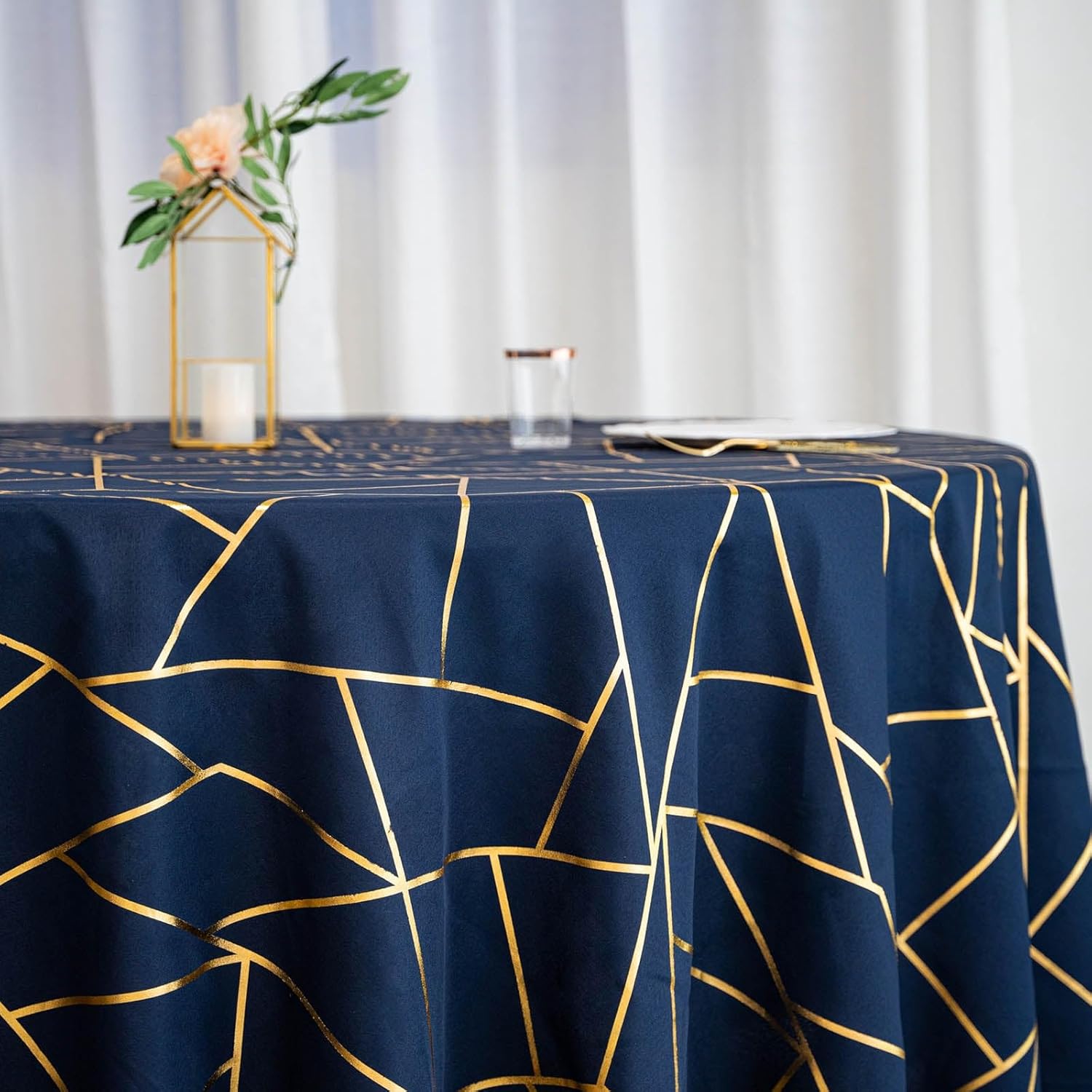 Efavormart – Mantel redondo de poliéster de 120 pulgadas, color azul marino con patrón geométrico dorado