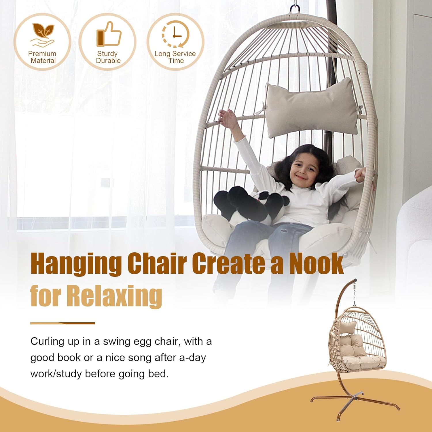 NICESOUL Silla de huevo con soporte para interiores y exteriores, sillas hamaca colgante para todo tipo de clima con cojín, 350 libras, silla