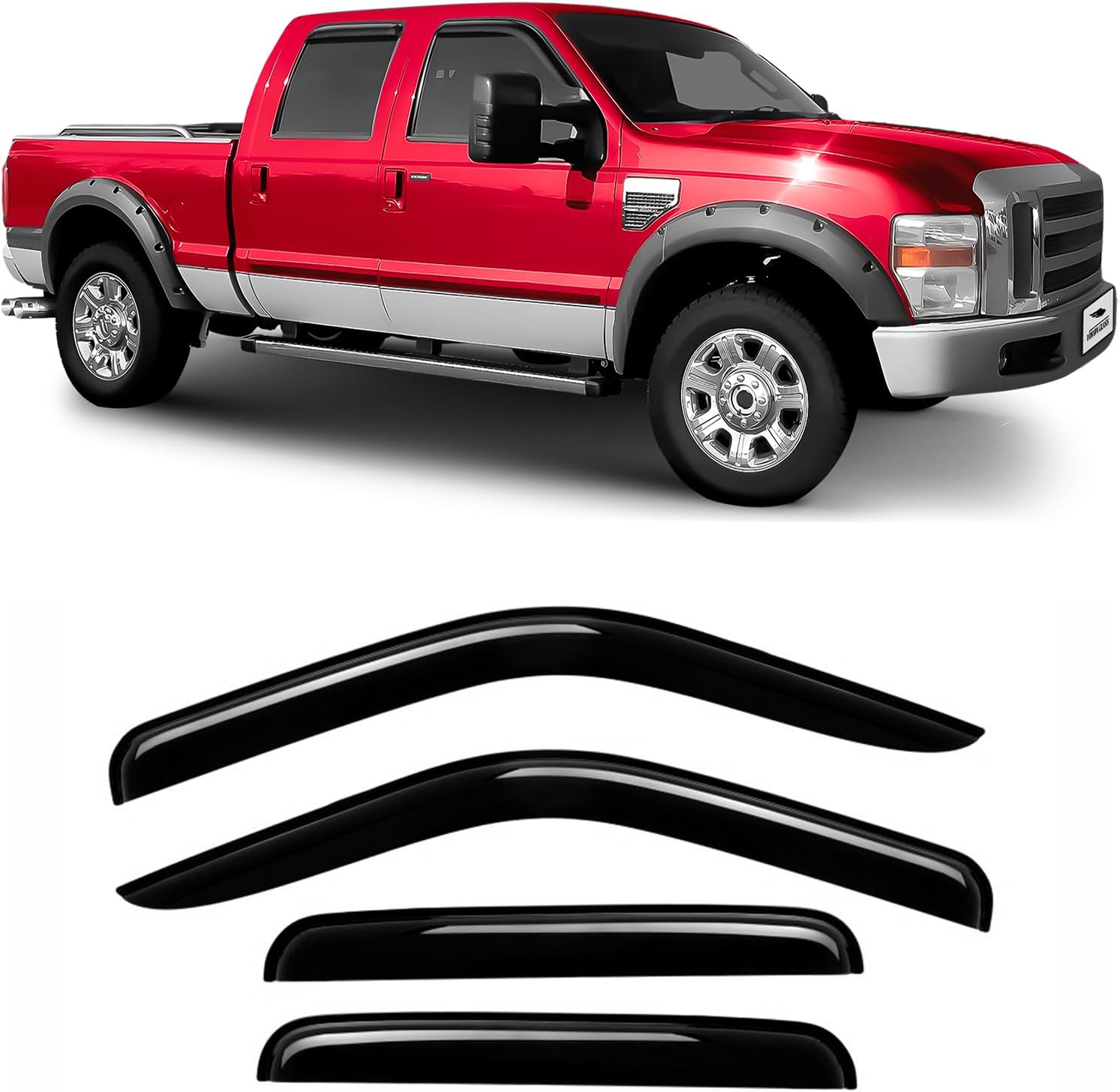 Voron Glass Protectores de lluvia extra duraderos con cinta adhesiva para camiones Ford F250 a F550 Super Duty 1999-2016 SuperCrew, deflectores de