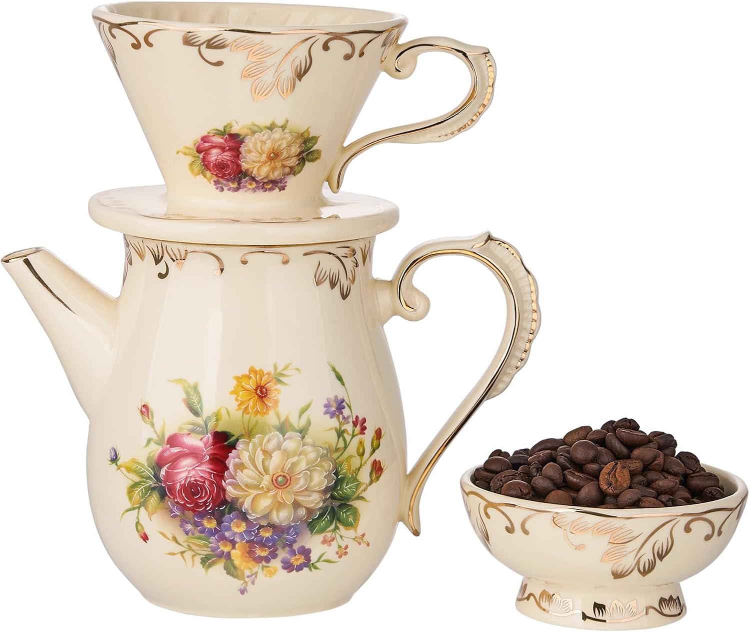 YOLIFE Floarl – Juego de gotero de café, cafetera de cerámica con diseño de cono, 1 taza, regalo para mujeres (arbustos florecientes)