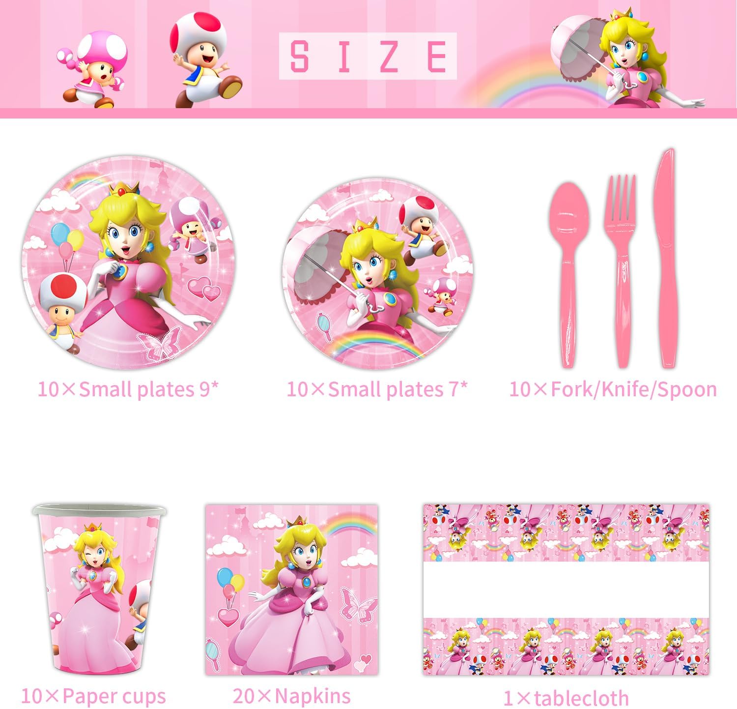 131 piezas de vajilla de fiesta de melocotón princesa para Mario, 50 calcomanías, 20 platos, 20 servilletas, 10 cuchillos, tenedores y cucharas, 10