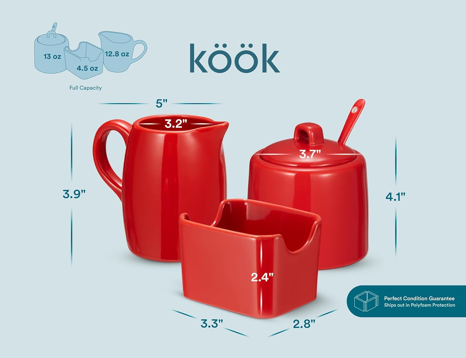 Kook Juego de azúcar y crema, 3 piezas, jarra, azucarero con tapa y cuchara, soporte para edulcorantes (rojo)
