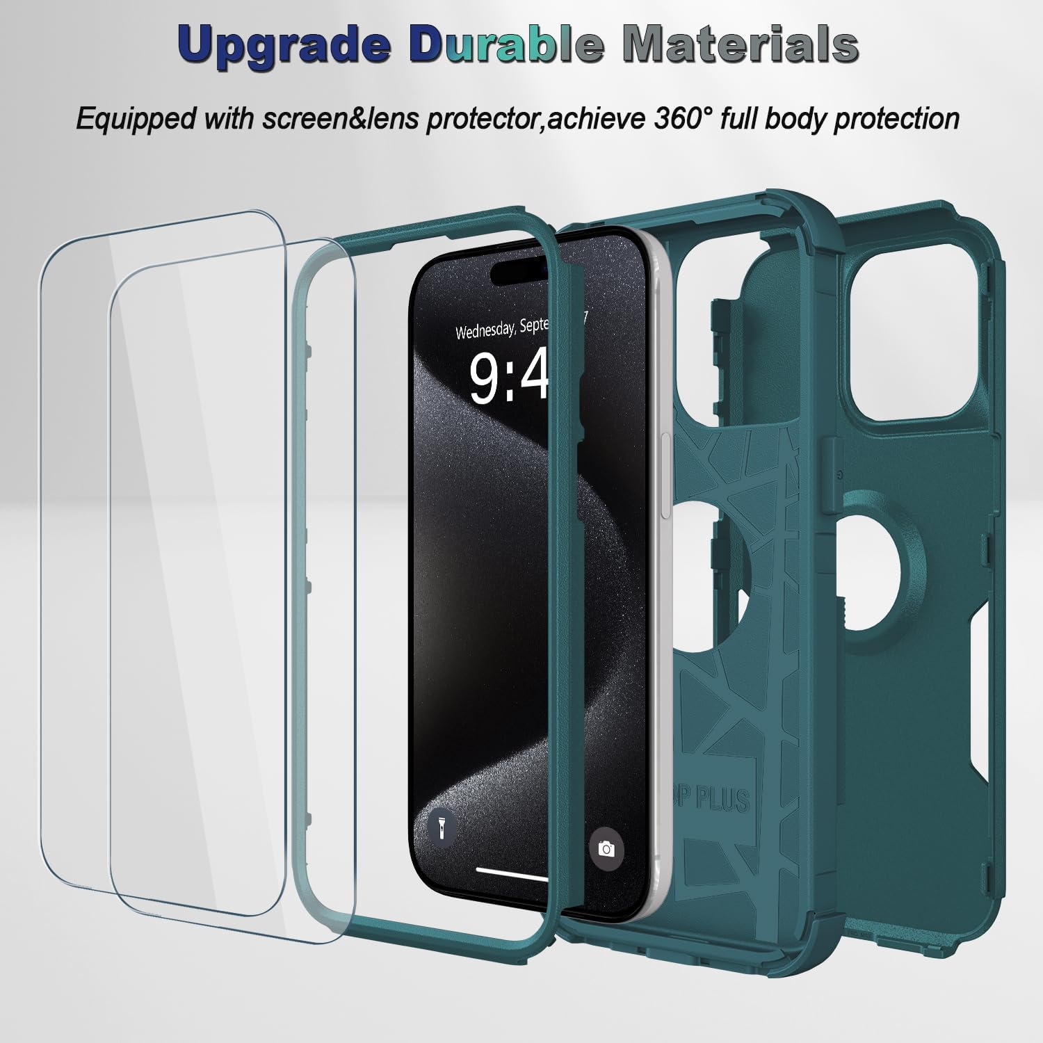 Funda para iPhone 15 Pro Max, 2 protectores de pantalla de vidrio templado, a prueba de caídas de 10 pies, antideslizante, a prueba de golpes,
