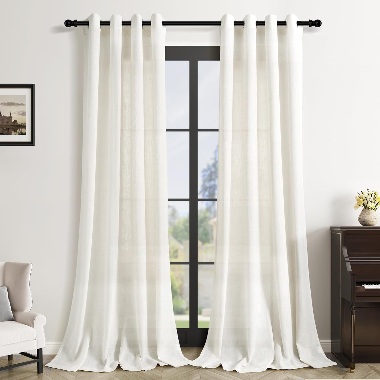 Cortinas de lino marfil de 96 pulgadas de largo, juego de 2 paneles para sala de estar, puertas corredizas de vidrio, cortinas filtrantes de luz de