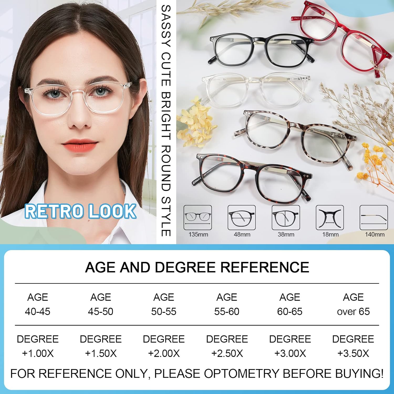 MARE AZZURO Lentes de lectura con bloqueo de luz azul para mujer, lindos lectores redondos 1.0 1.25 1.5 1.75 2.0 2.25 2.5 2.75 3.0 3.5 4.0