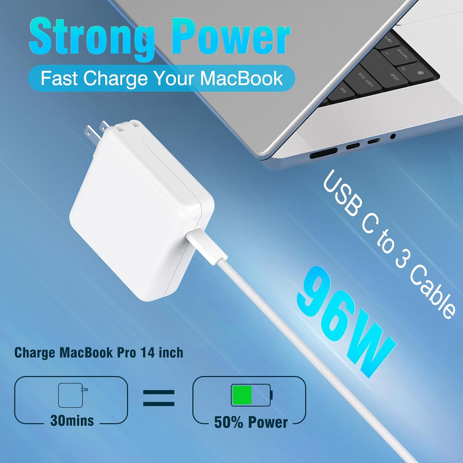 Cargador para MacBook Pro 14 de 16 pulgadas 2022 2021 M2 M1, 2022 2023 M2 MacBook Air 13 de 15 pulgadas, adaptador de corriente USB C de 96 W70 W,