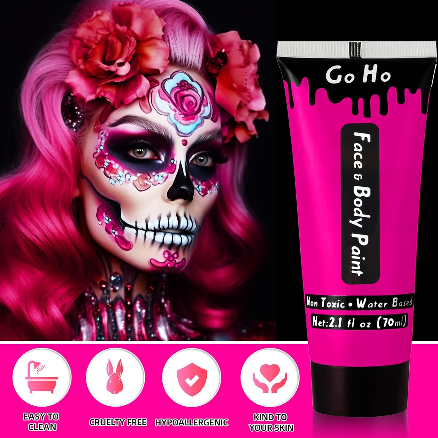 Go Ho Pintura corporal rosa intenso oscuro lavable (2.37 onzas, 2.4 fl oz), pintura facial rosa intenso a base de agua, pintura facial rosa para SFX